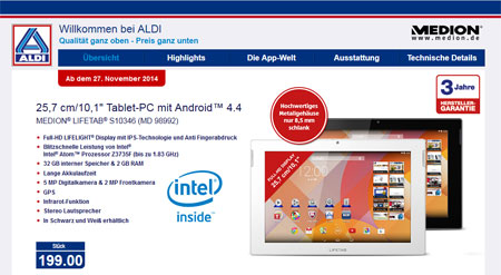 Screenshot ALDI-Homepage Lifetab-Angebot