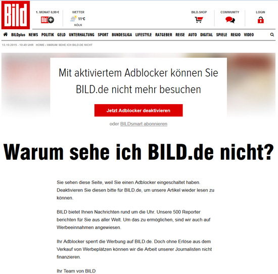 Screeshot von BILD.de mit aktiviertem Adblock Plus